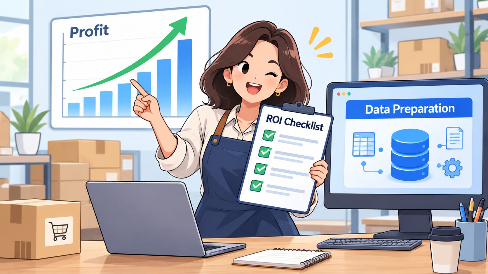 A professional woman in an office setting holding an ROI checklist, highlighting business profit and data preparation.