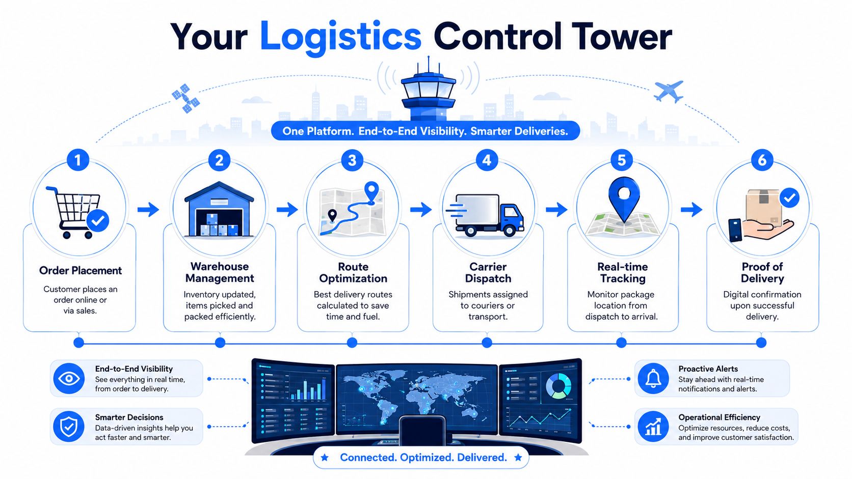 A diagram illustrating a logistics control tower process flow from order placement to final delivery confirmation.