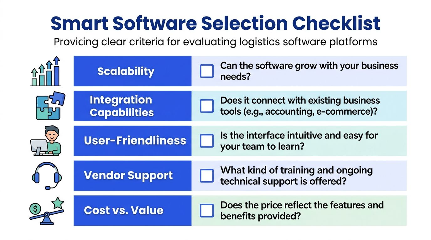 A checklist infographic titled Smart Software Selection Checklist listing five criteria for evaluating logistics software platforms.