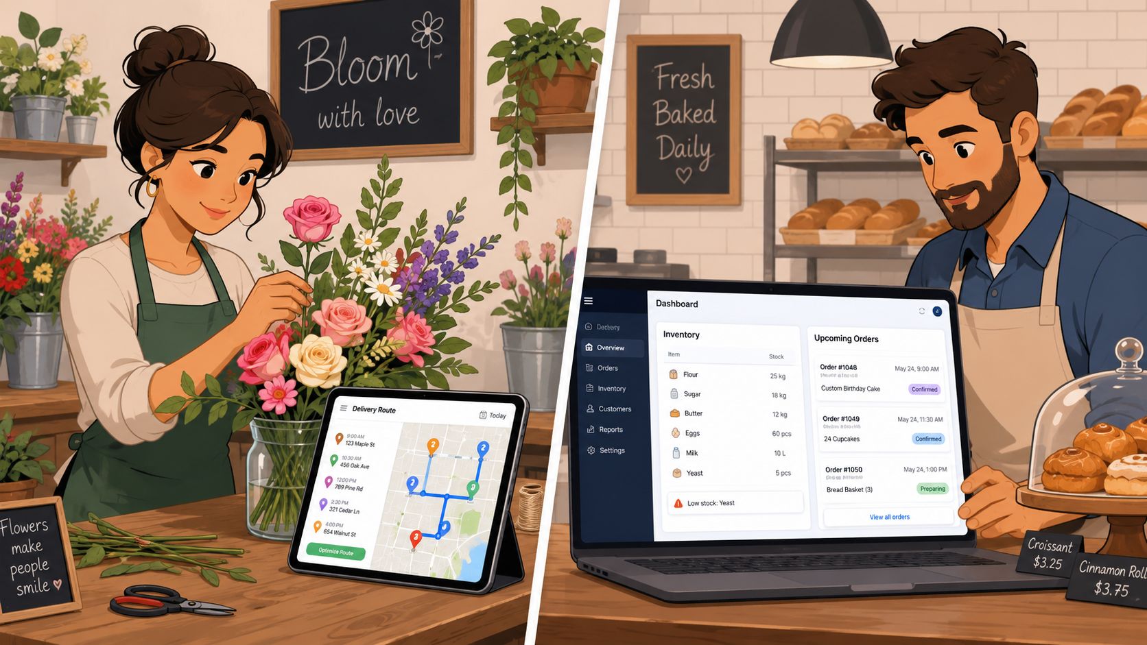 A split image showing a florist and a baker managing their small business operations with digital software tools.