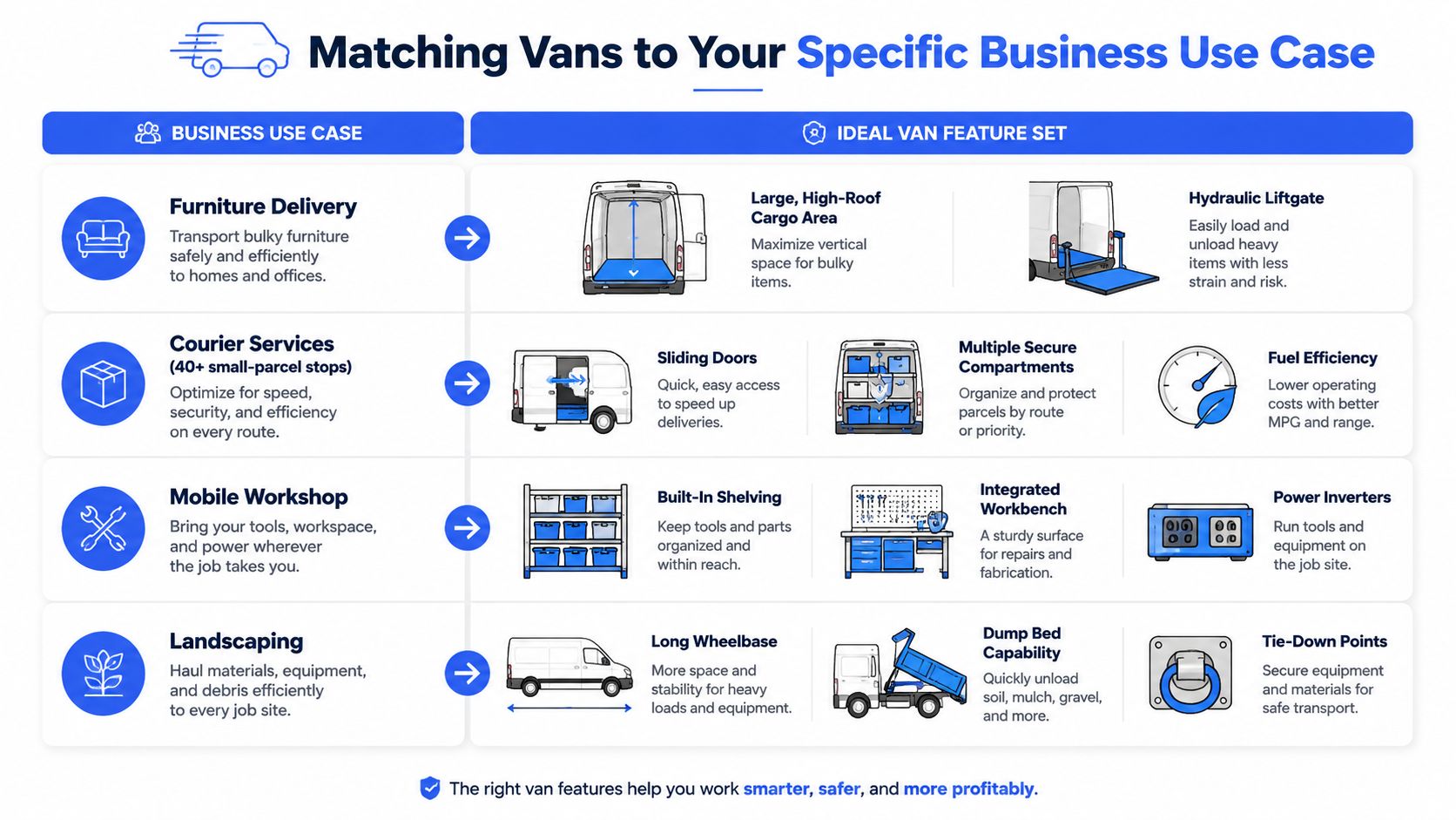 A chart matching business use cases like furniture delivery and landscaping to ideal work van features.
