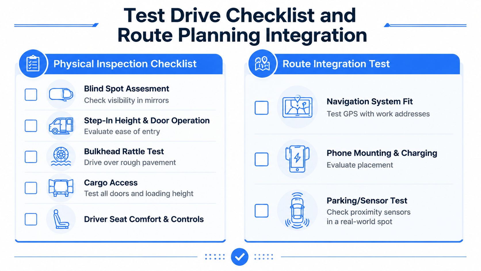 A comprehensive checklist for testing work vans, including physical inspection and route planning integration tasks.