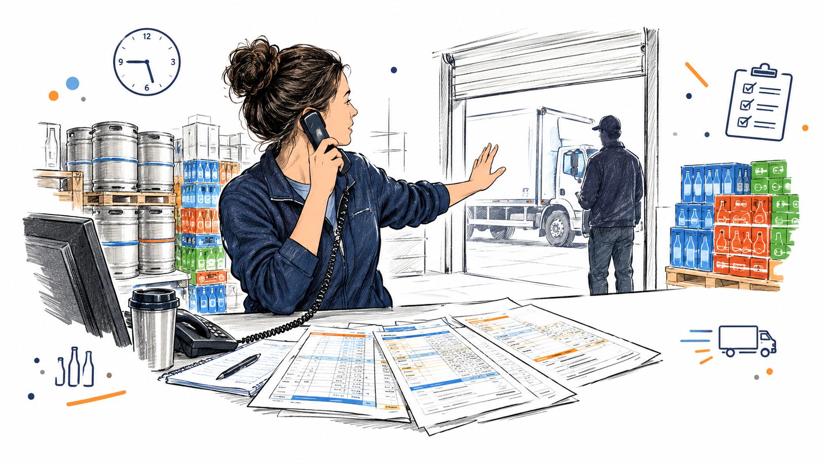 A warehouse manager coordinates a beverage shipment over the phone while a delivery truck is being loaded.