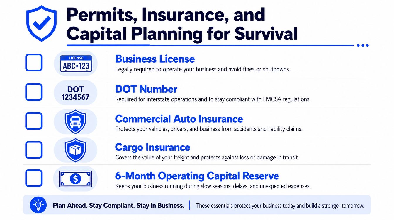 An infographic checklist outlining essential business permits, insurance, and financial planning for transportation companies.