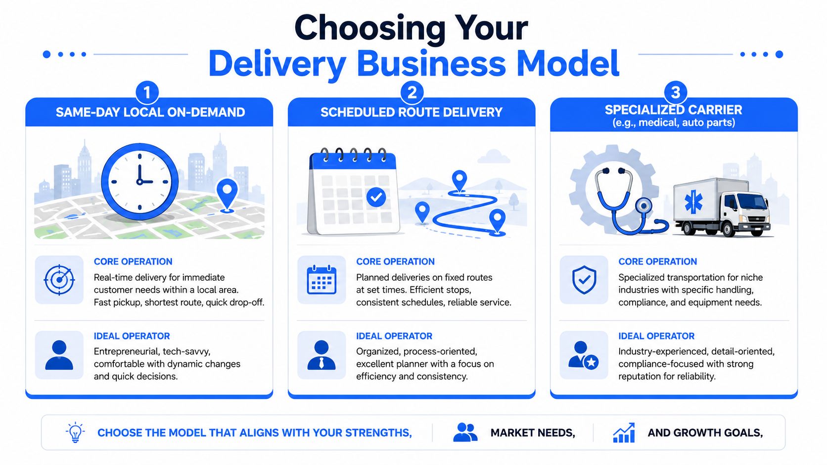 A business guide comparing three delivery business models: same-day on-demand, scheduled route delivery, and specialized carrier services.