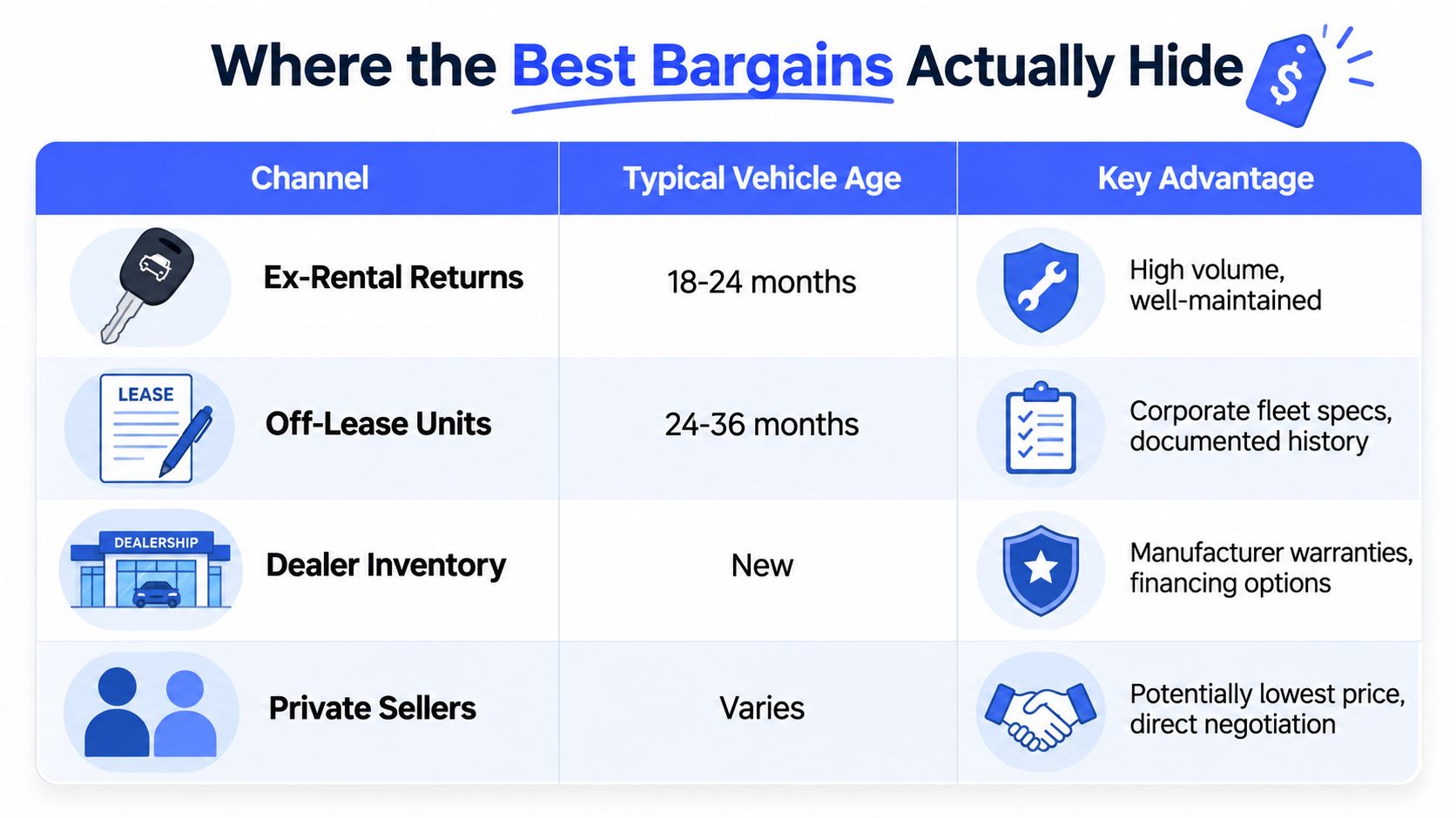 A chart showing vehicle acquisition channels including ex-rental returns, off-lease units, dealer inventory, and private sellers.