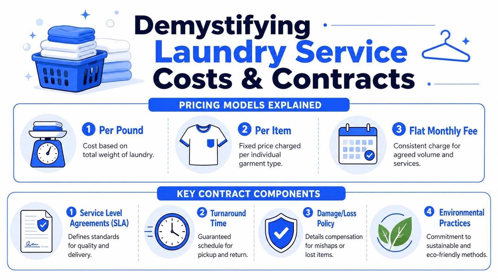 An infographic titled Demystifying Laundry Service Costs and Contracts outlining common pricing models and essential contract components.