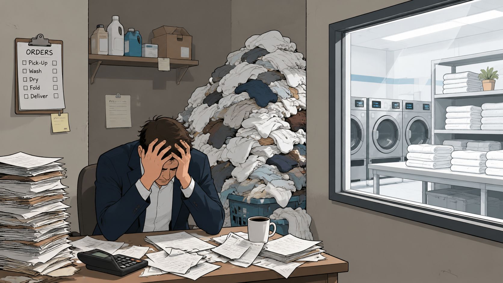 A stressed businessman sits at a desk piled with paperwork in a cluttered commercial laundry office.