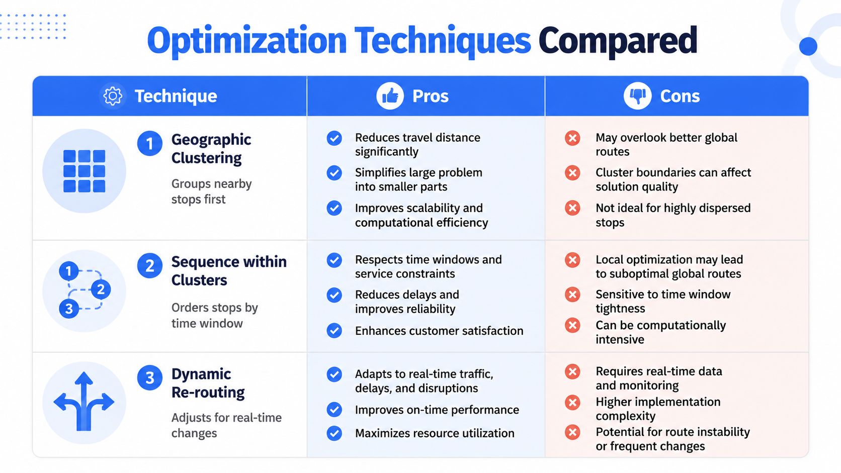 A comparison table outlining the pros and cons of three optimization techniques: Geographic Clustering, Sequence within Clusters, and Dynamic Re-routing.
