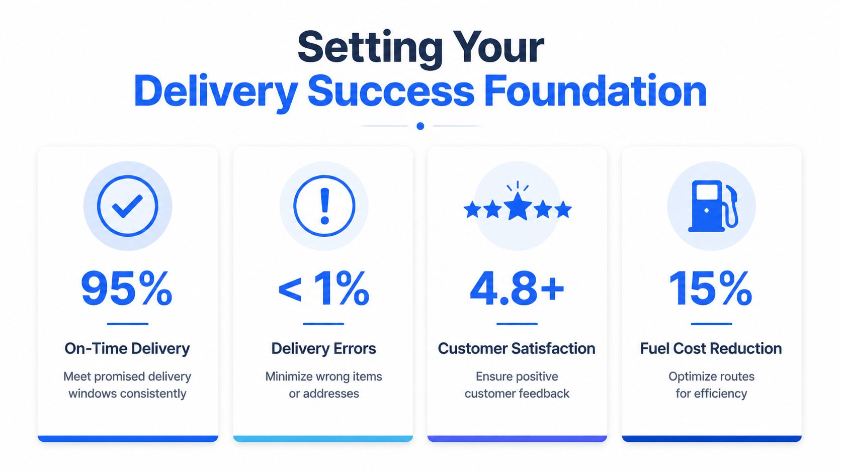 An infographic titled Setting Your Delivery Success Foundation, highlighting metrics like on-time delivery, errors, satisfaction, and fuel reduction.