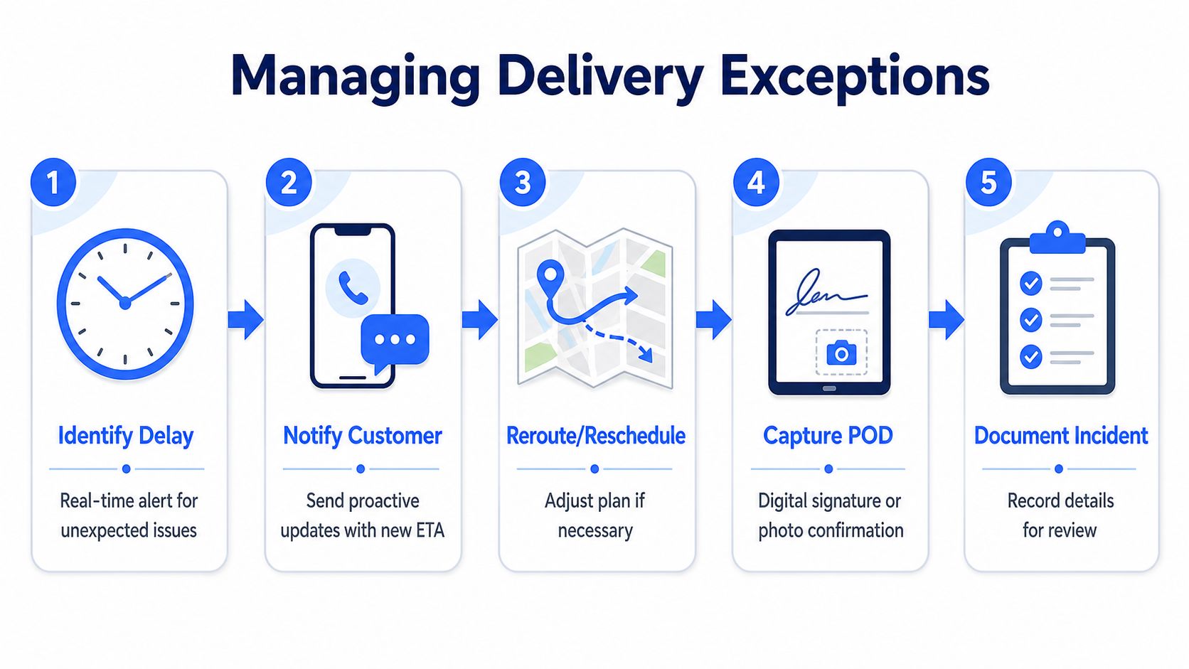 A five-step workflow infographic detailing the process for managing delivery exceptions for shipping and logistics operations.