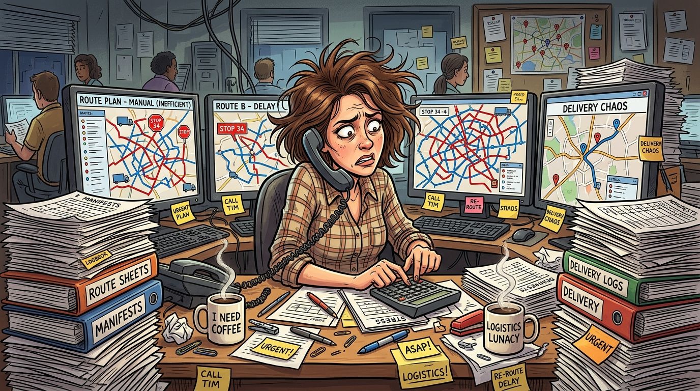 A stressed woman working at a desk surrounded by messy paperwork and computer screens displaying delivery routes.