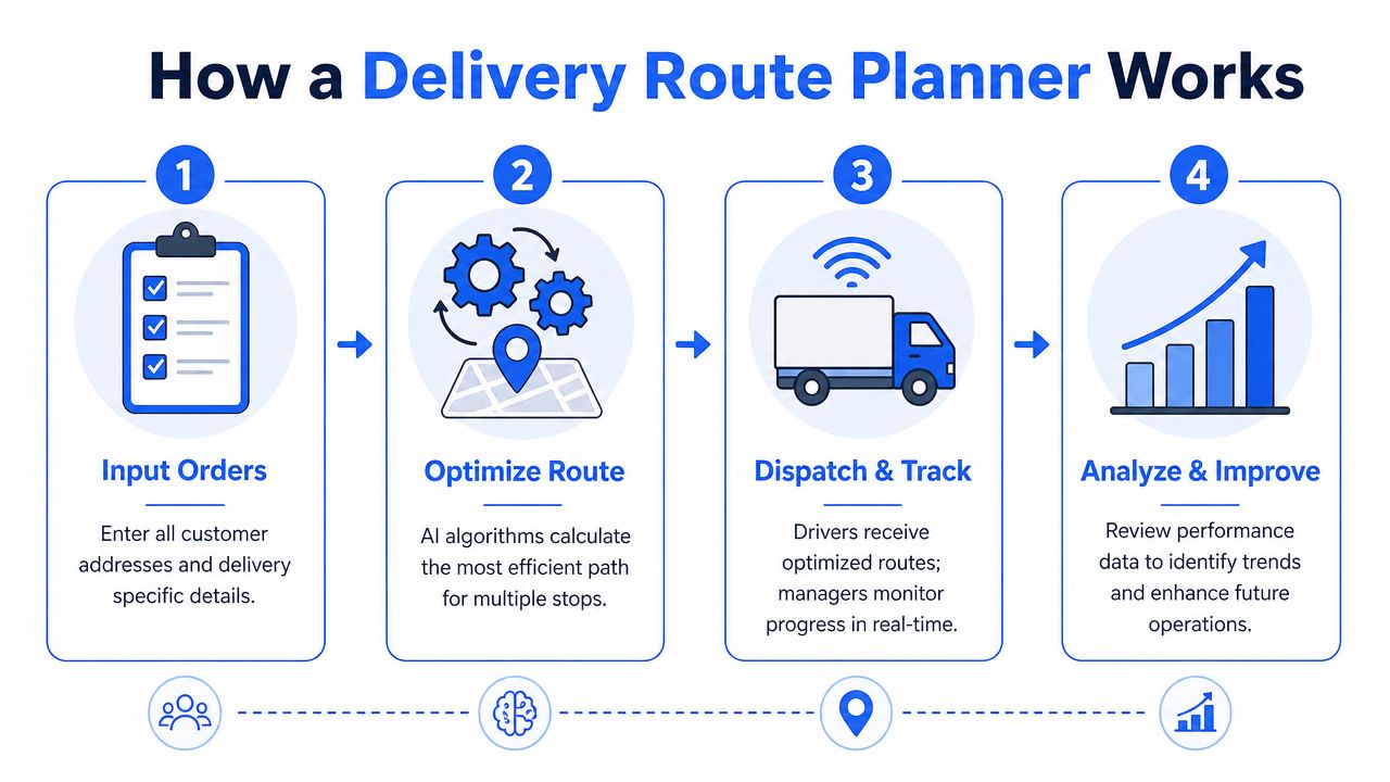 A four-step infographic illustrating how a delivery route planner works from order entry to data analysis.