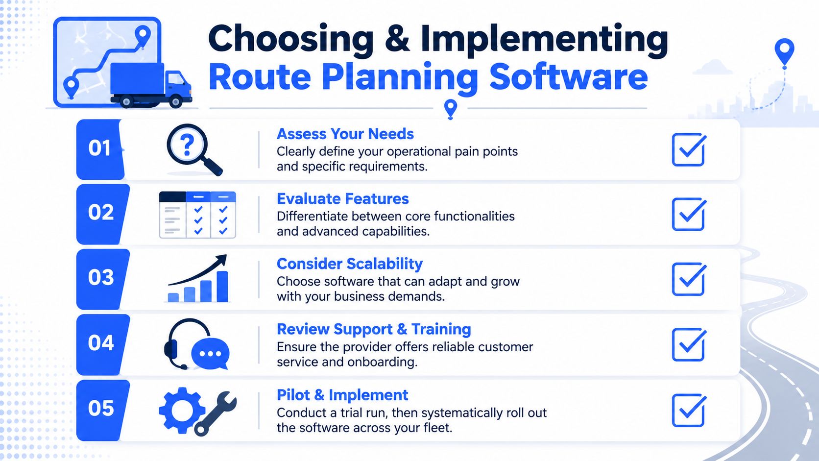 A step-by-step guide on how to choose and implement effective route planning software for delivery businesses.
