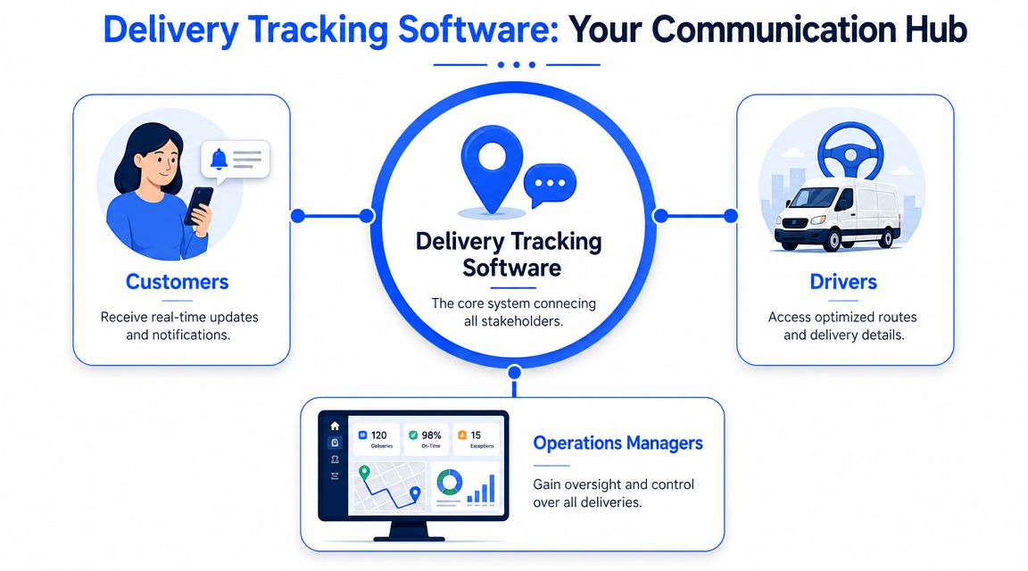 A diagram illustrating delivery tracking software connecting customers, drivers, and operations managers through real-time communication.