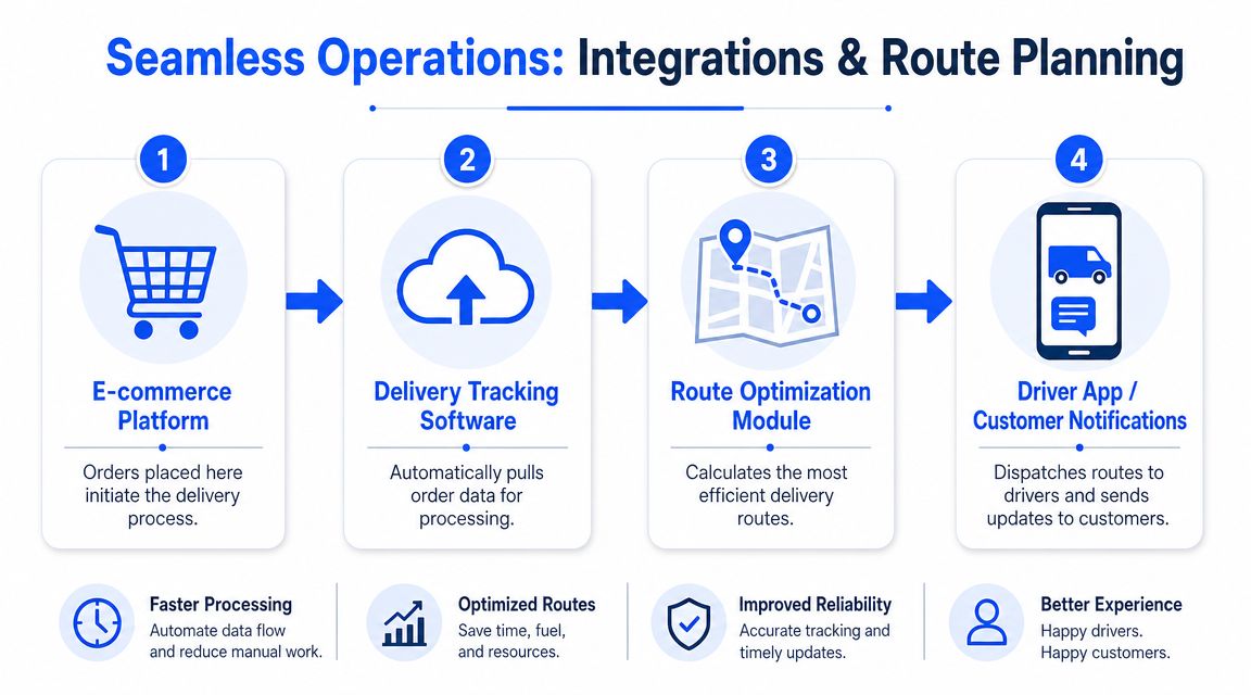 A four-step infographic showing how e-commerce platforms integrate with delivery tracking and route optimization software.
