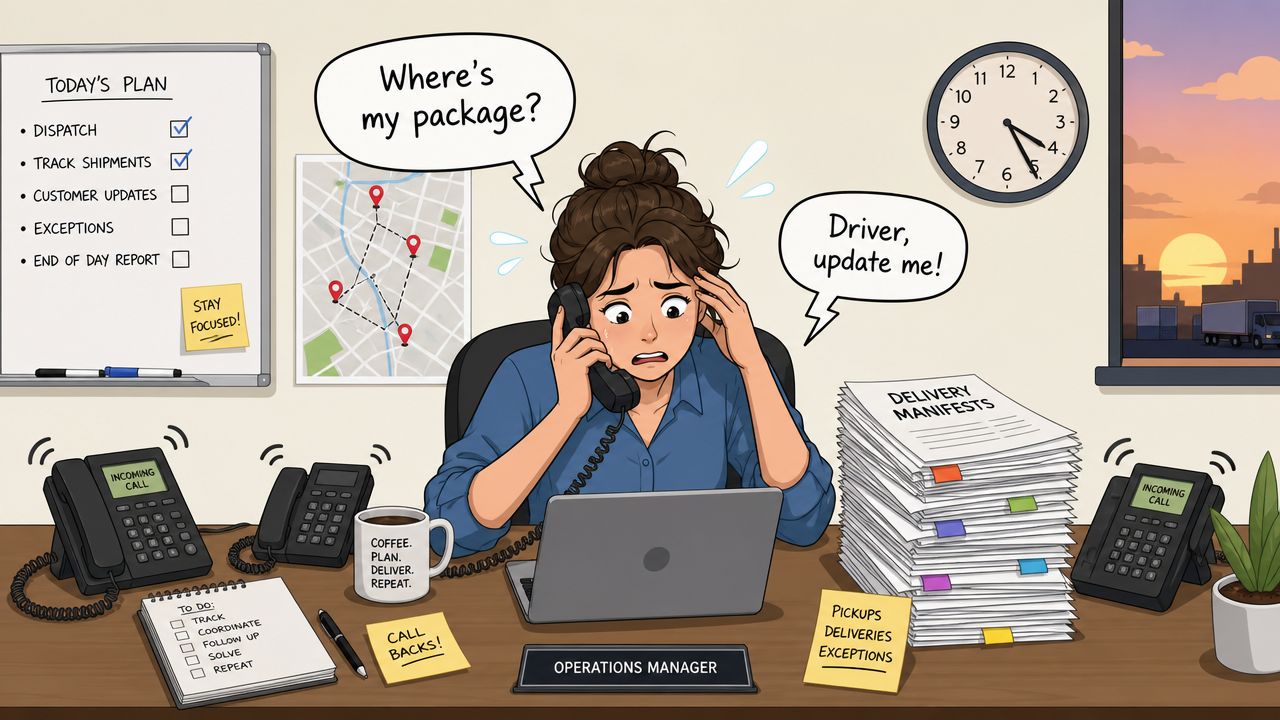 Stressed logistics operations manager overwhelmed by phone calls and paperwork in a busy office workspace.