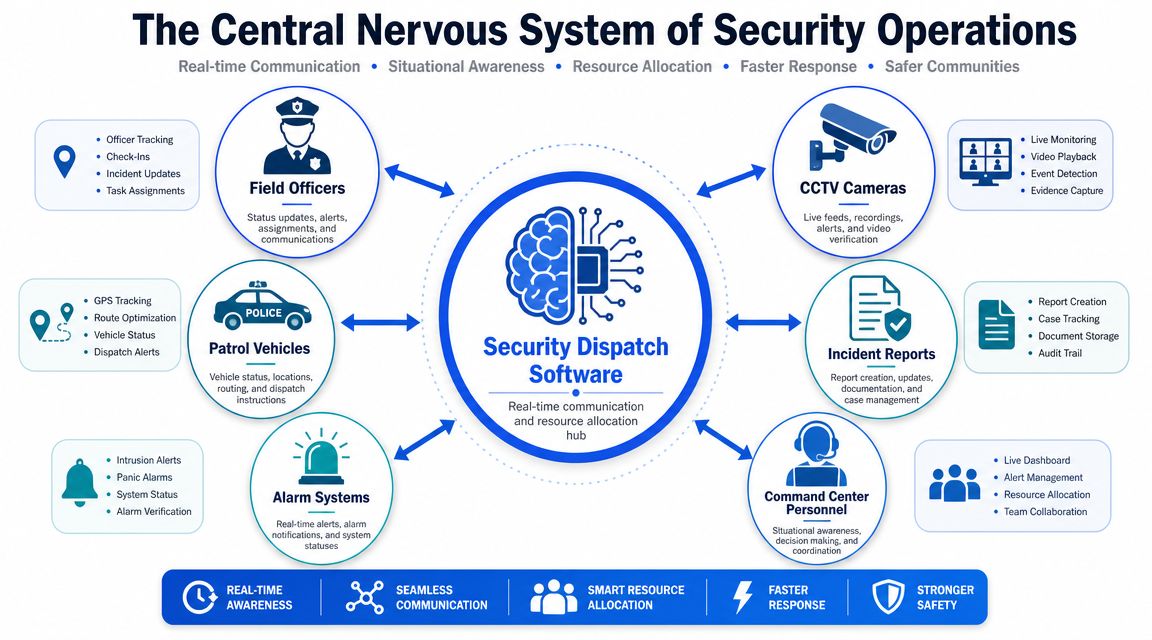 A diagram illustrating how security dispatch software functions as a central hub for managing security operations.