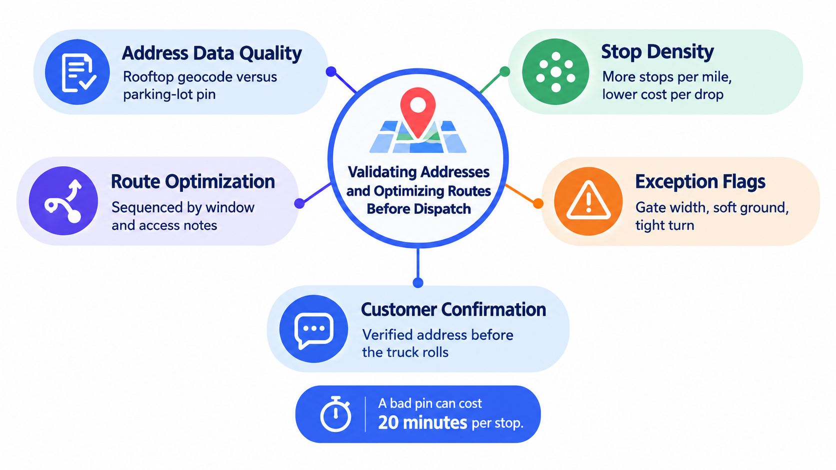 A diagram illustrating the importance of validating delivery addresses and optimizing routes before truck dispatch.
