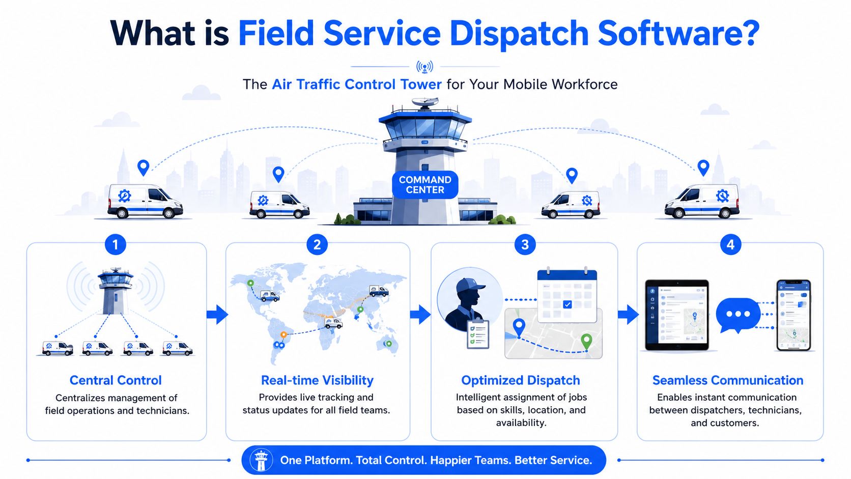 An infographic explaining field service dispatch software as a central control tower for mobile workforce management.