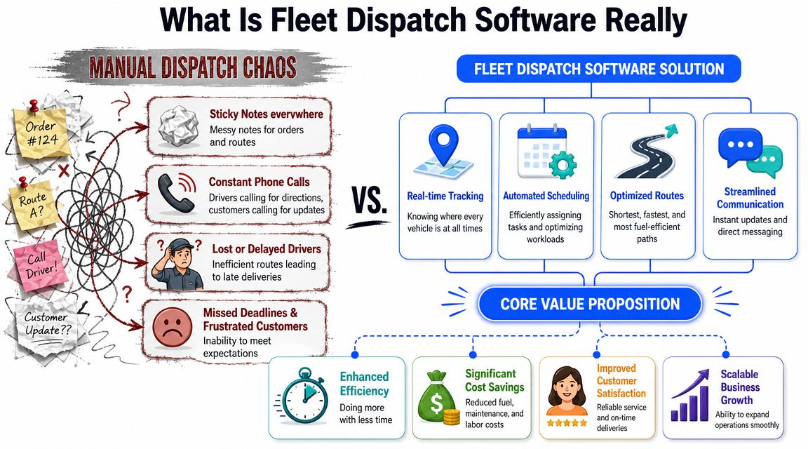 A comparison chart showing the chaos of manual fleet dispatch versus efficient automated software solutions.
