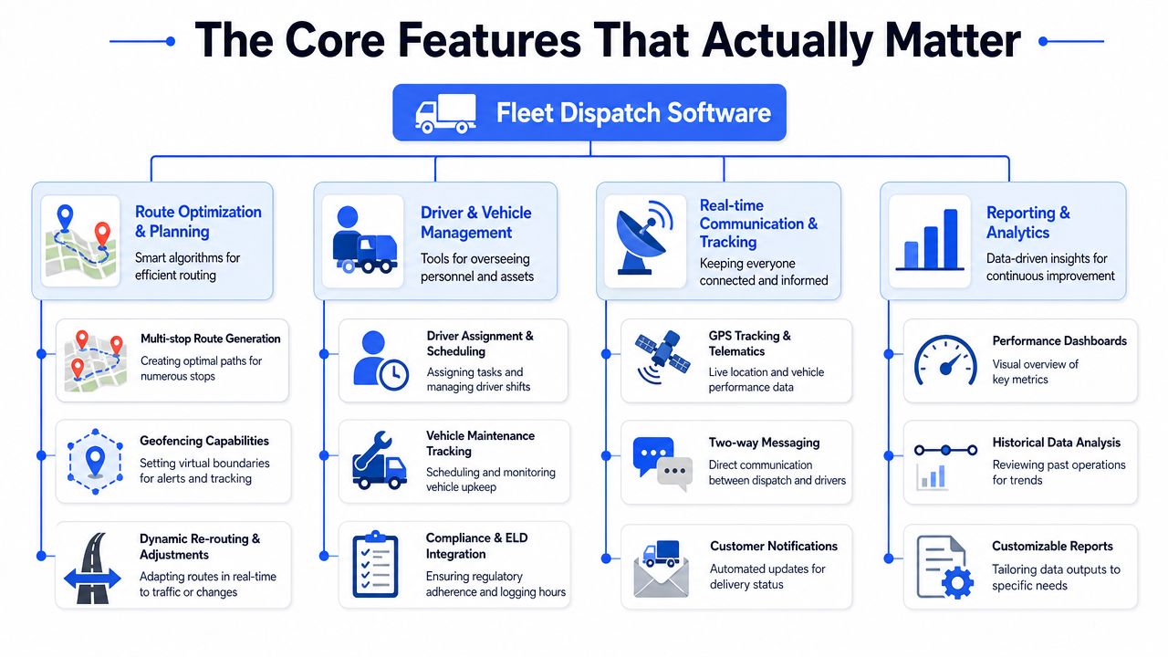 A diagram illustrating the core features of fleet dispatch software, including routing, driver management, tracking, and analytics.