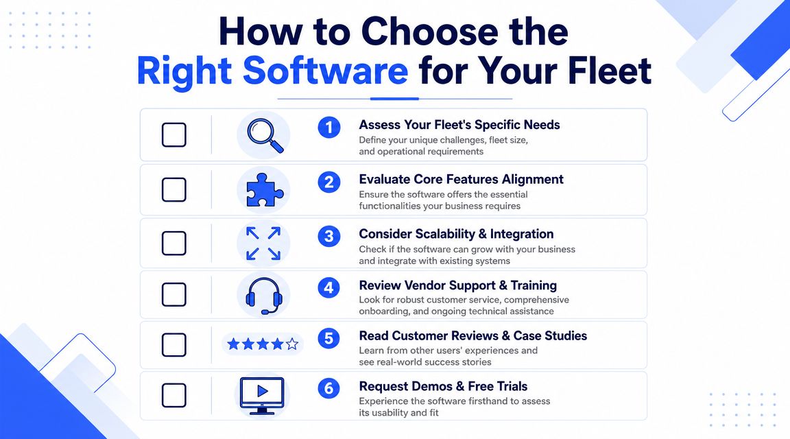 A six-step checklist infographic illustrating how to choose the right management software for a vehicle fleet.