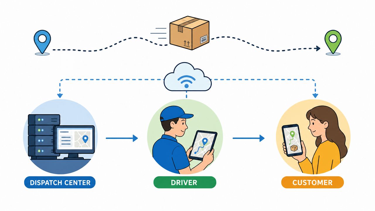 An illustration showing a logistics delivery process from a dispatch center to a driver and then to a customer.