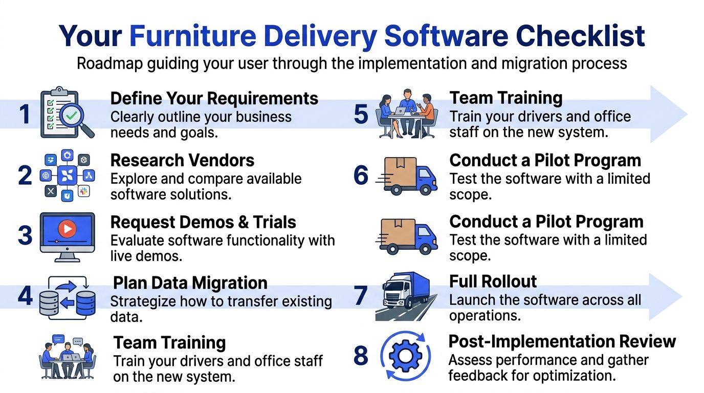 A step-by-step checklist infographic for implementing and migrating to new furniture delivery software solutions.