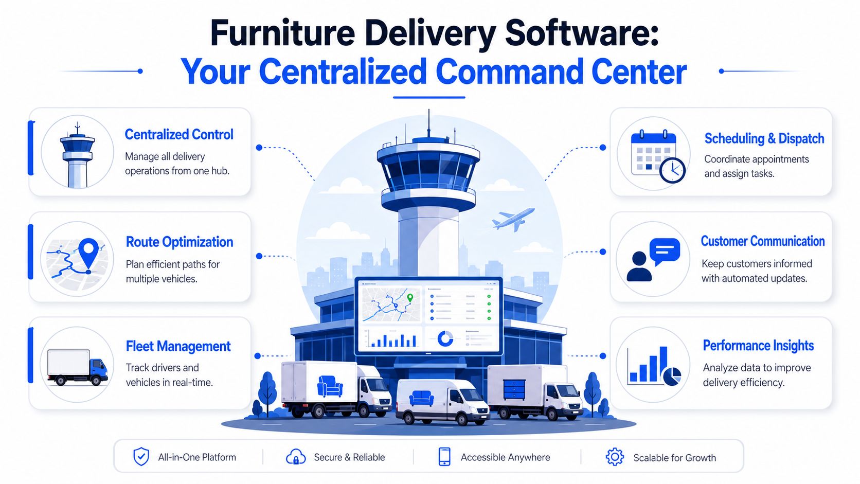 An infographic highlighting the features of furniture delivery software, including route optimization, dispatch, and fleet management tools.