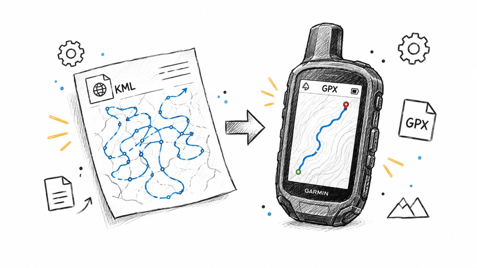 A hand-drawn illustration showing a complex KML file being converted into a simplified GPX track.
