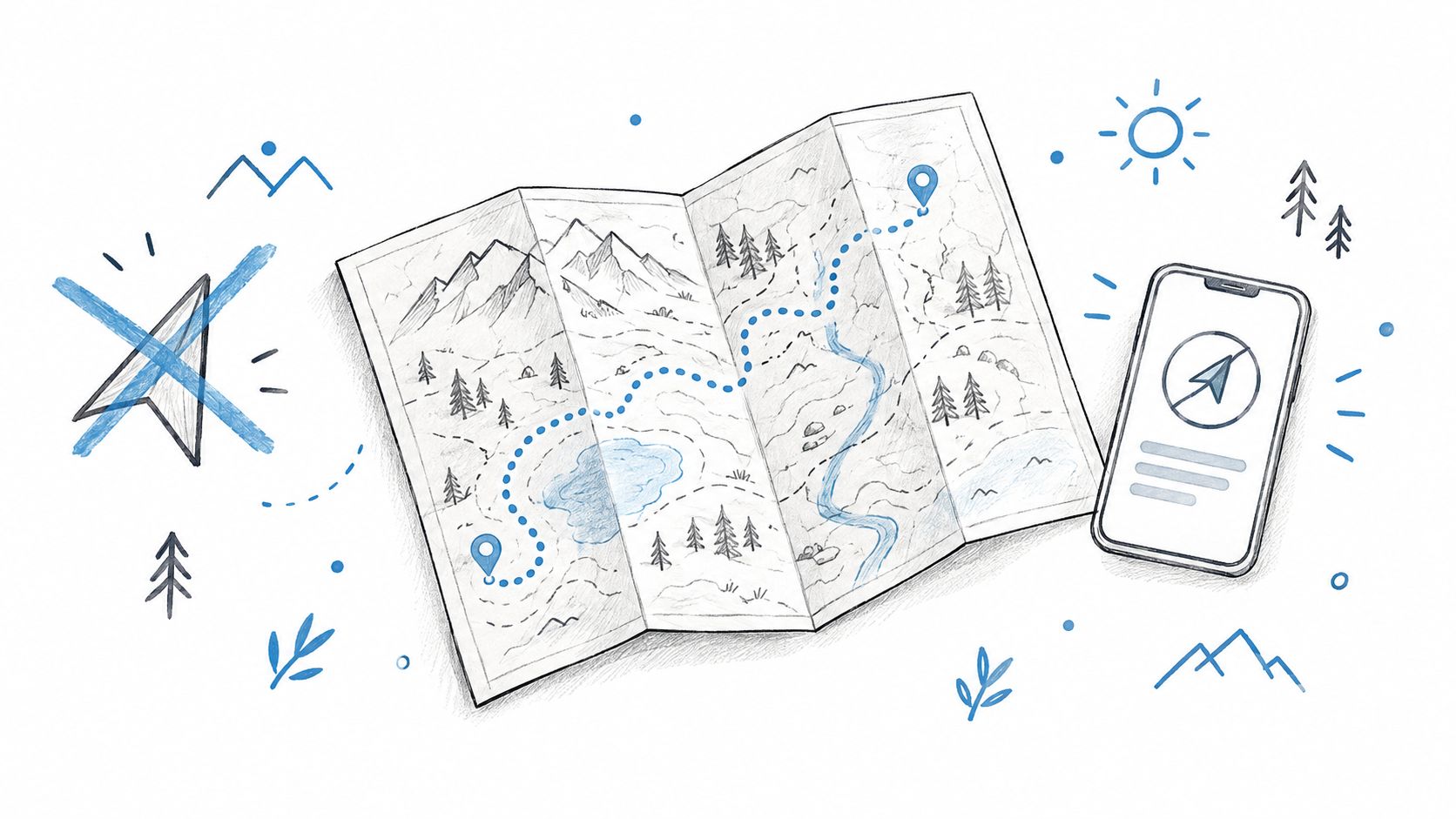 A hand-drawn illustration showing a paper map with a travel route and a smartphone with navigation software.