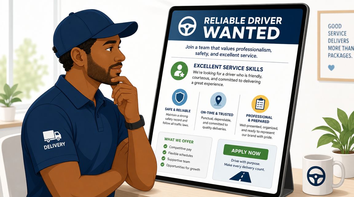 A delivery driver in uniform looking thoughtfully at a digital sign advertising for new reliable driver positions.