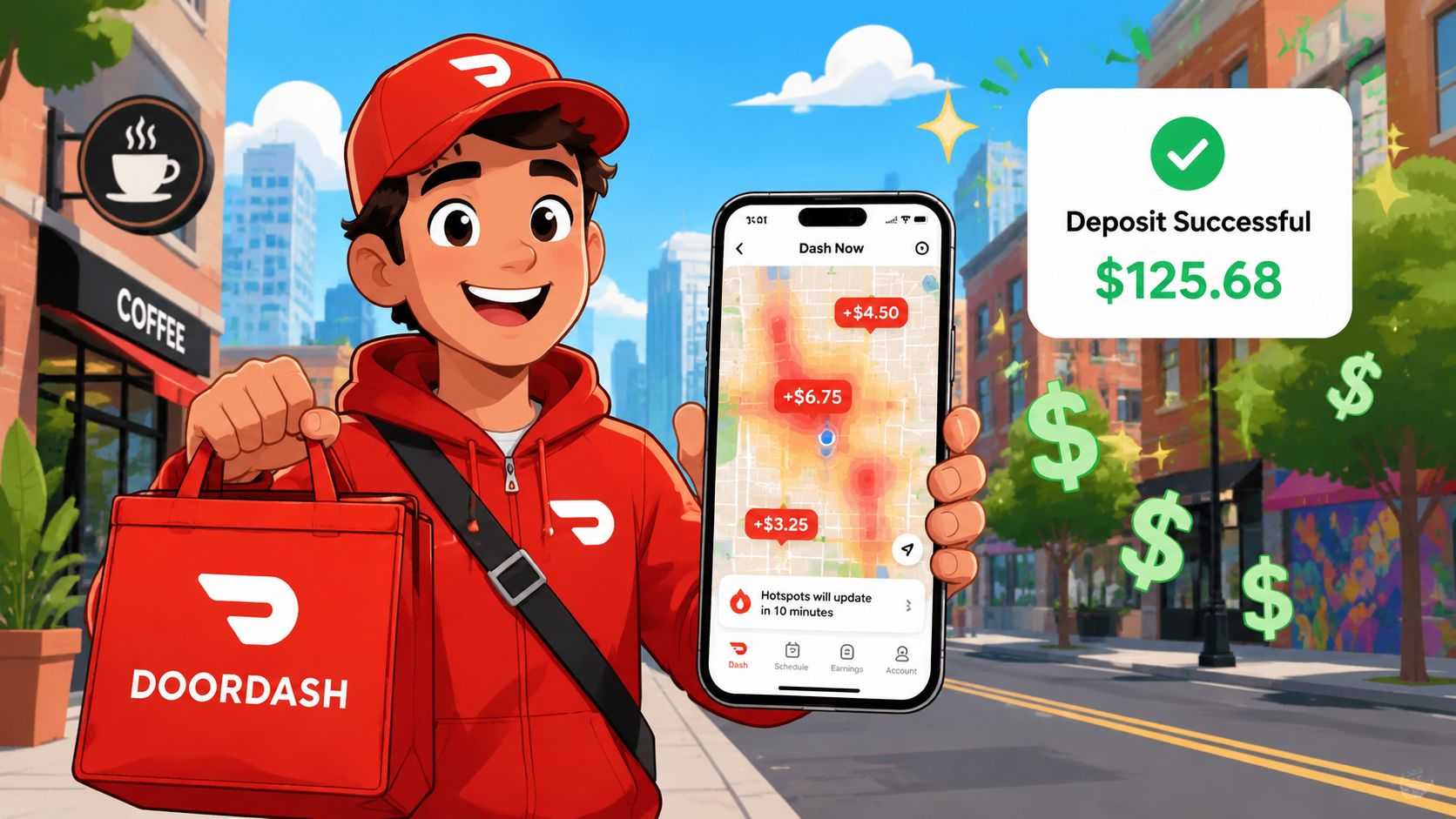 A happy DoorDash courier holding a delivery bag and a smartphone showing earnings and delivery hotspots.