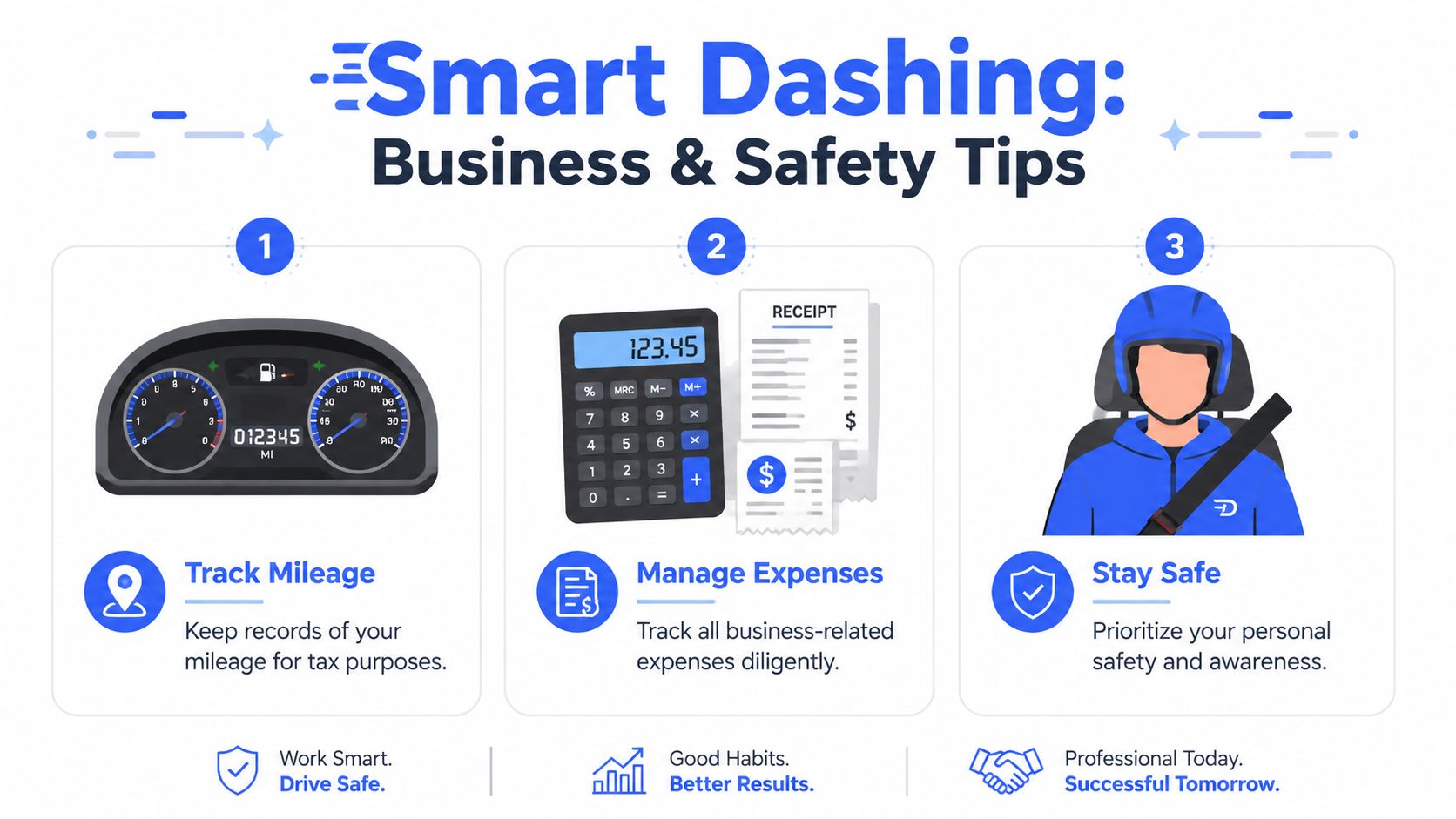 A professional infographic titled Smart Dashing offering three tips for delivery drivers on tracking mileage, managing expenses, and safety.