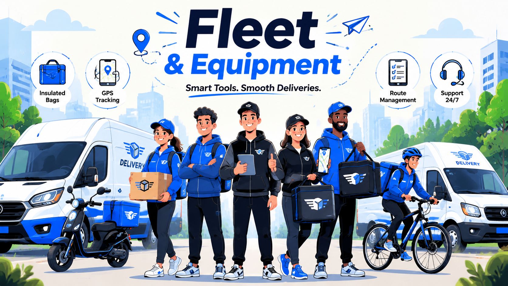 A diverse group of delivery professionals with vans, a scooter, and a bicycle for logistics services.