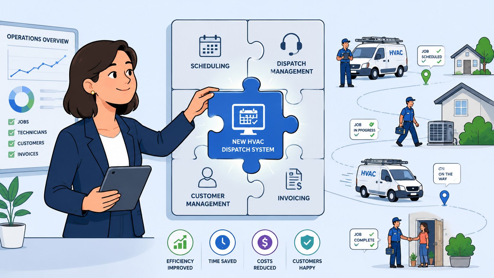 A professional woman showcasing a new HVAC dispatch system software solution with workflow process icons.