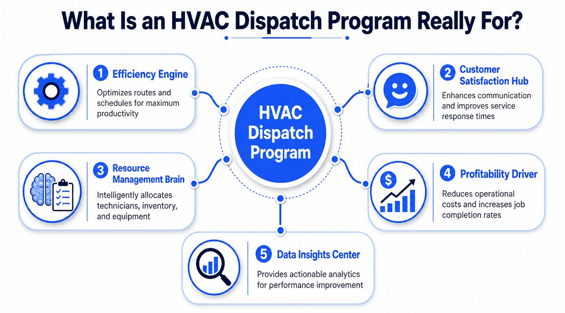 A diagram illustrating the five core functions and benefits of using an HVAC dispatch program for businesses.