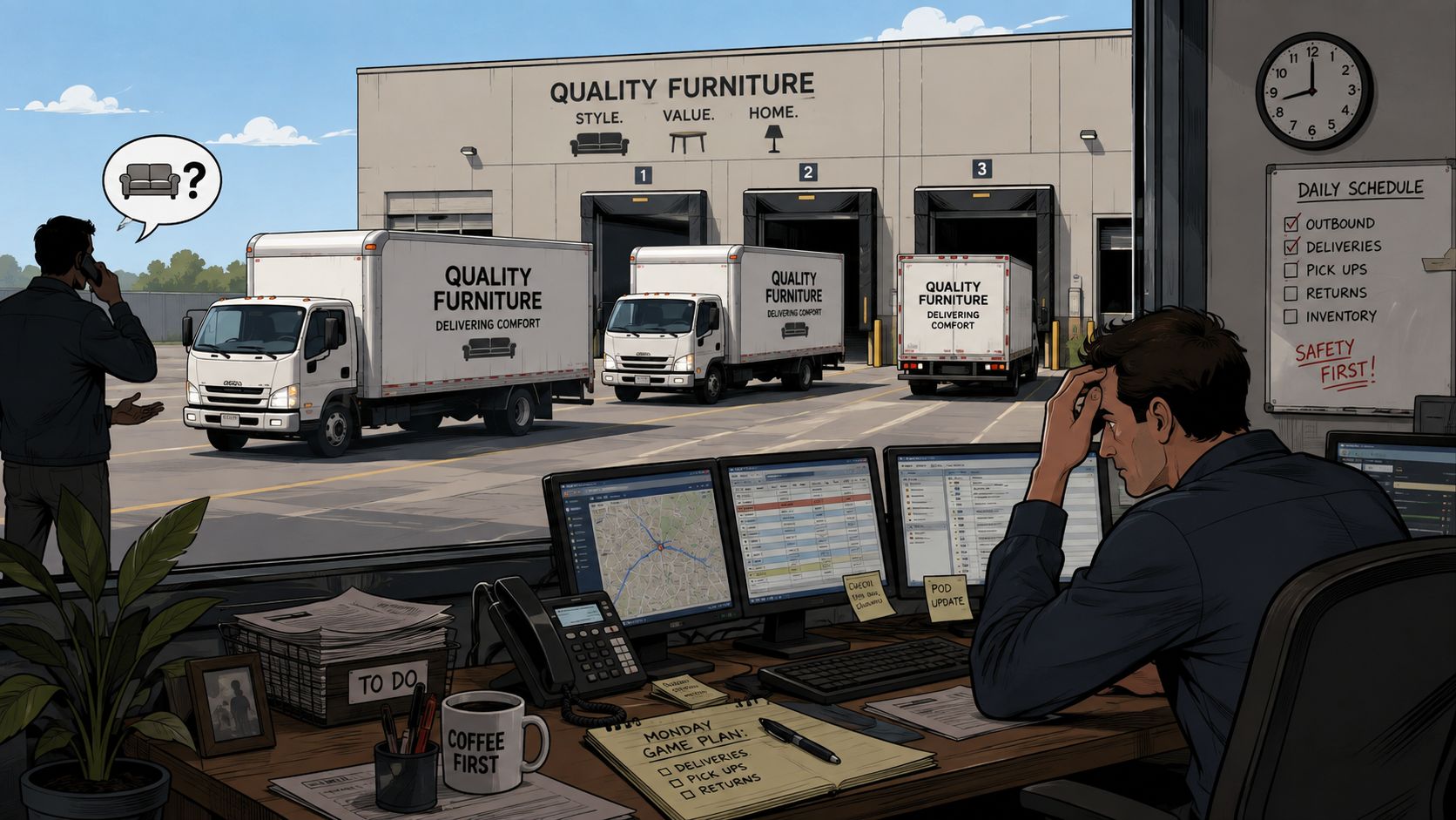 A logistics dispatcher sits at a desk monitoring screens while a driver checks for furniture deliveries outside.