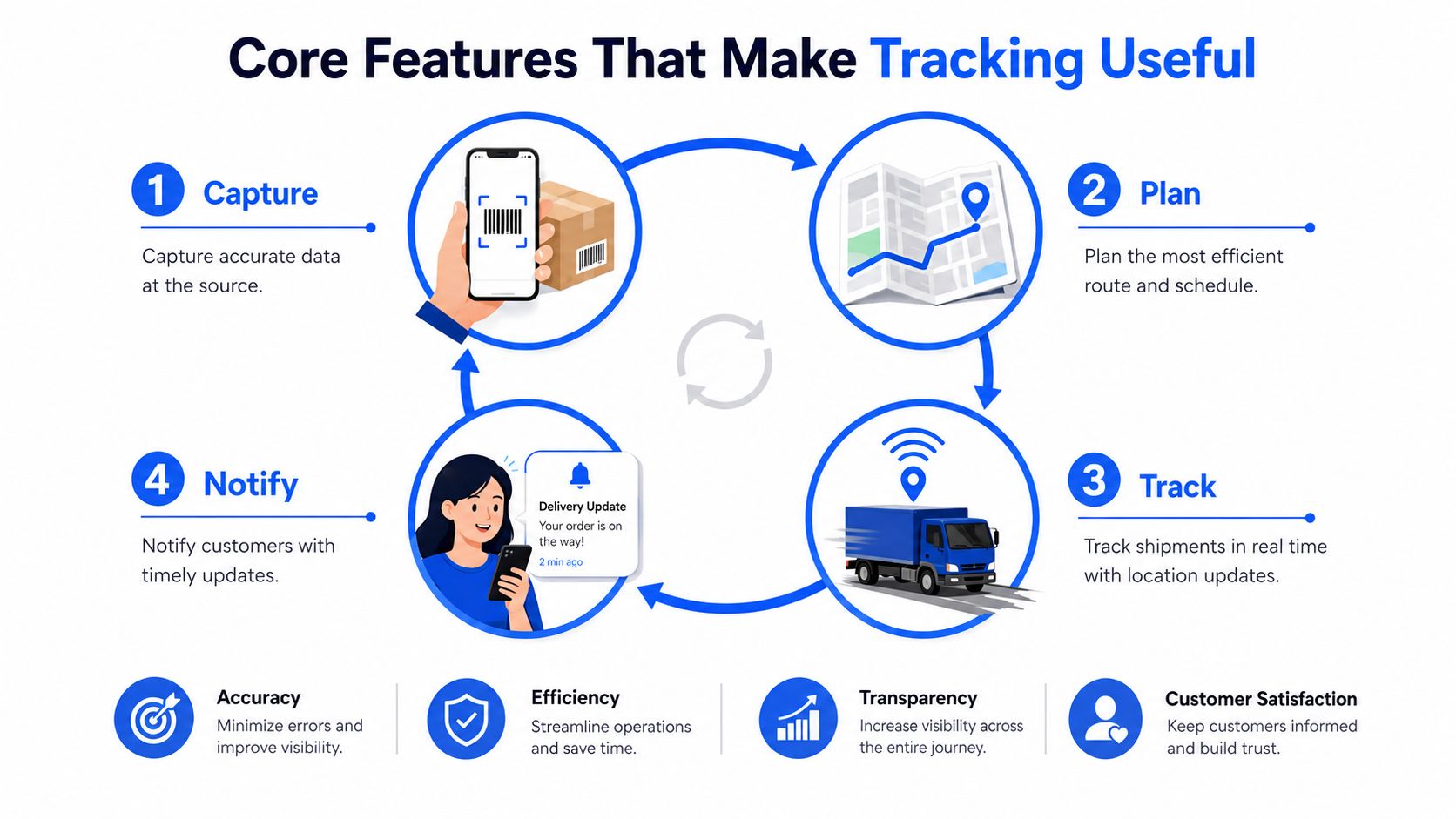 A diagram illustrating the four core features of tracking: capture, plan, track, and notify for improved logistics.
