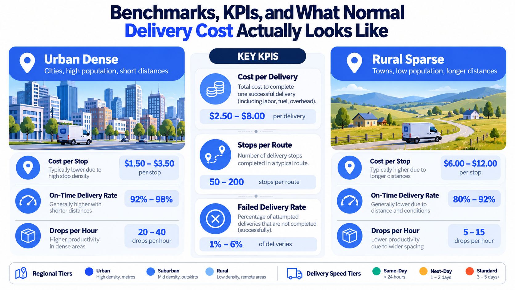 A comparative infographic showing delivery cost benchmarks for urban dense and rural sparse areas including key KPIs.