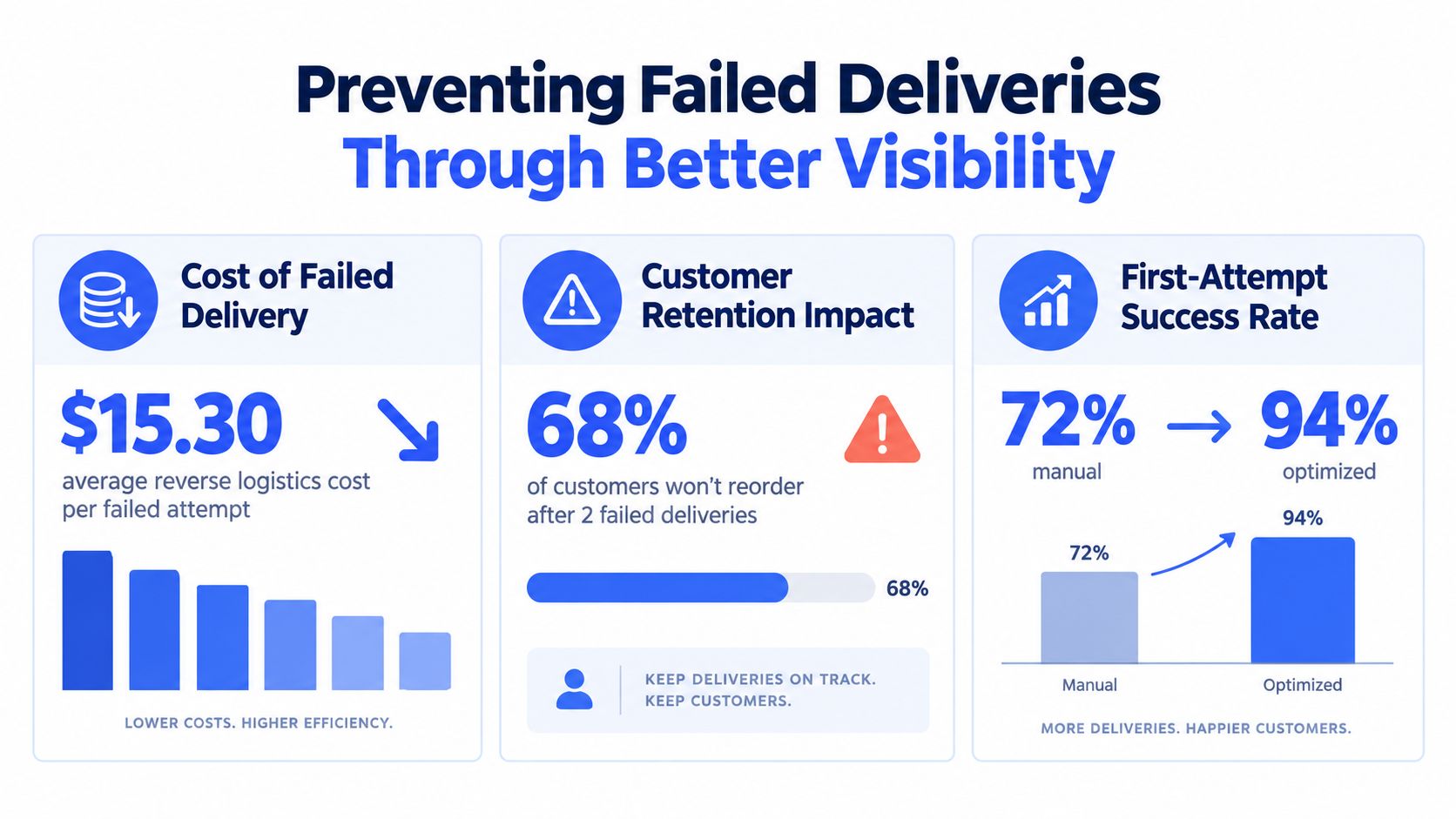 An infographic showing the benefits of last mile delivery optimization including reduced costs and improved success rates.