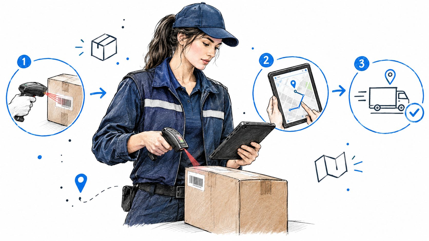 A delivery worker scanning a package while using a tablet for route planning and delivery optimization.