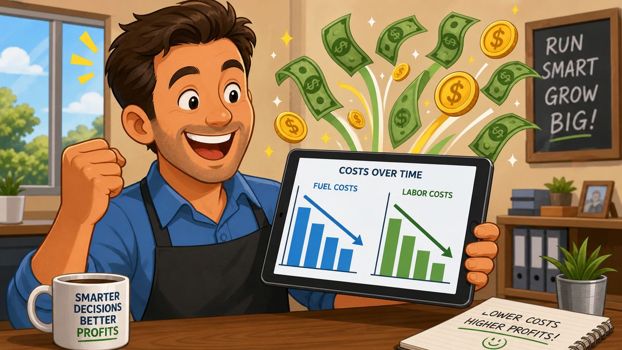 An enthusiastic man holding a tablet displaying charts showing reduced fuel and labor costs for business.