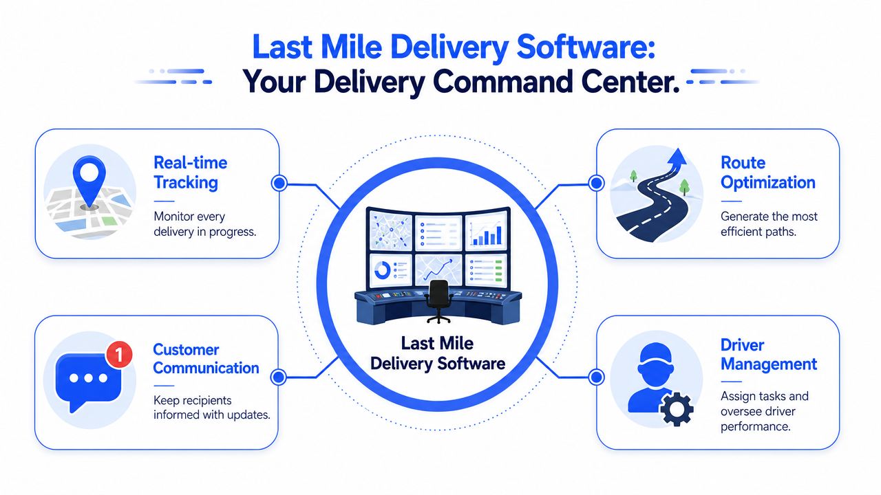 A diagram illustrating the key features of last mile delivery software, including tracking, routing, communication, and management.