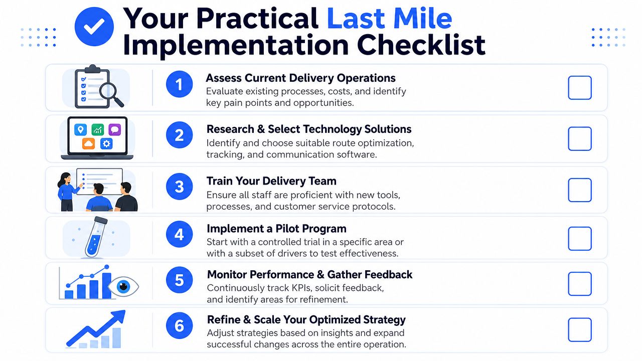 A six-step checklist for successfully implementing last mile delivery strategies to optimize operational efficiency and performance.