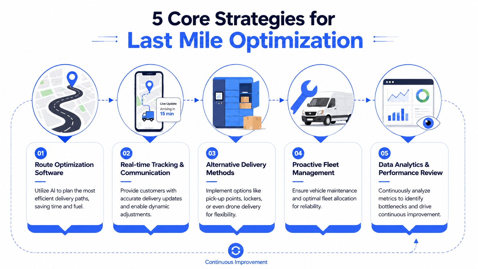 A diagram outlining five key strategies for optimizing last mile delivery, including routing, tracking, and analytics.