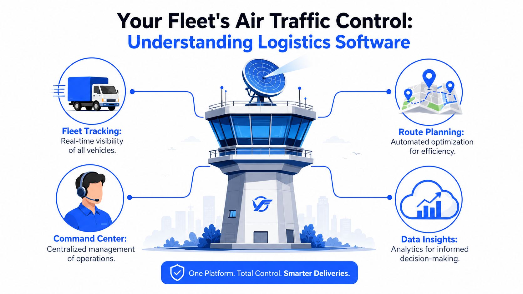 A diagram illustrating the benefits of logistics management software for optimizing fleet operations and delivery processes.