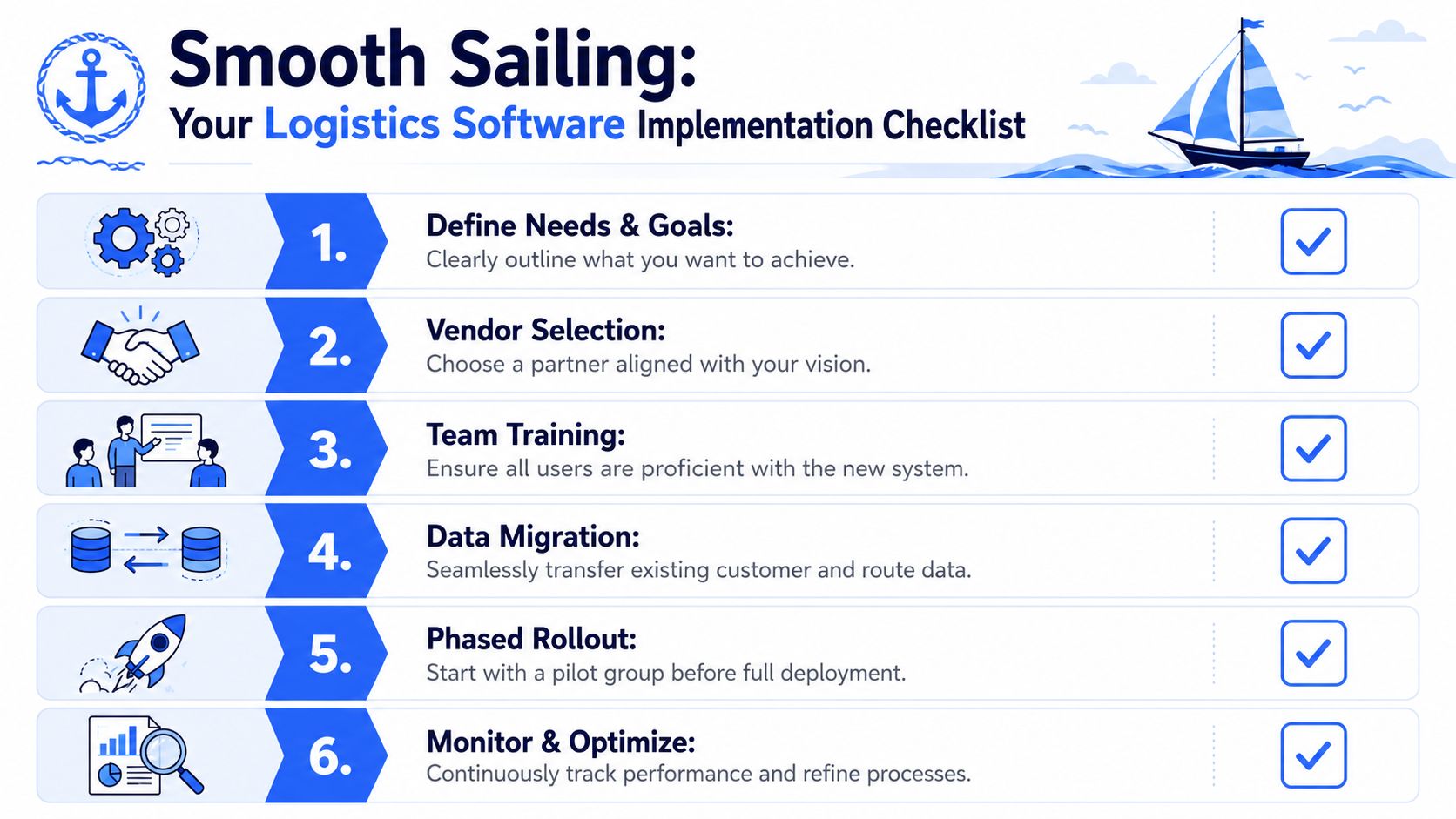 A six-step checklist for successfully implementing logistics software, featuring professional icons for each step in a process.