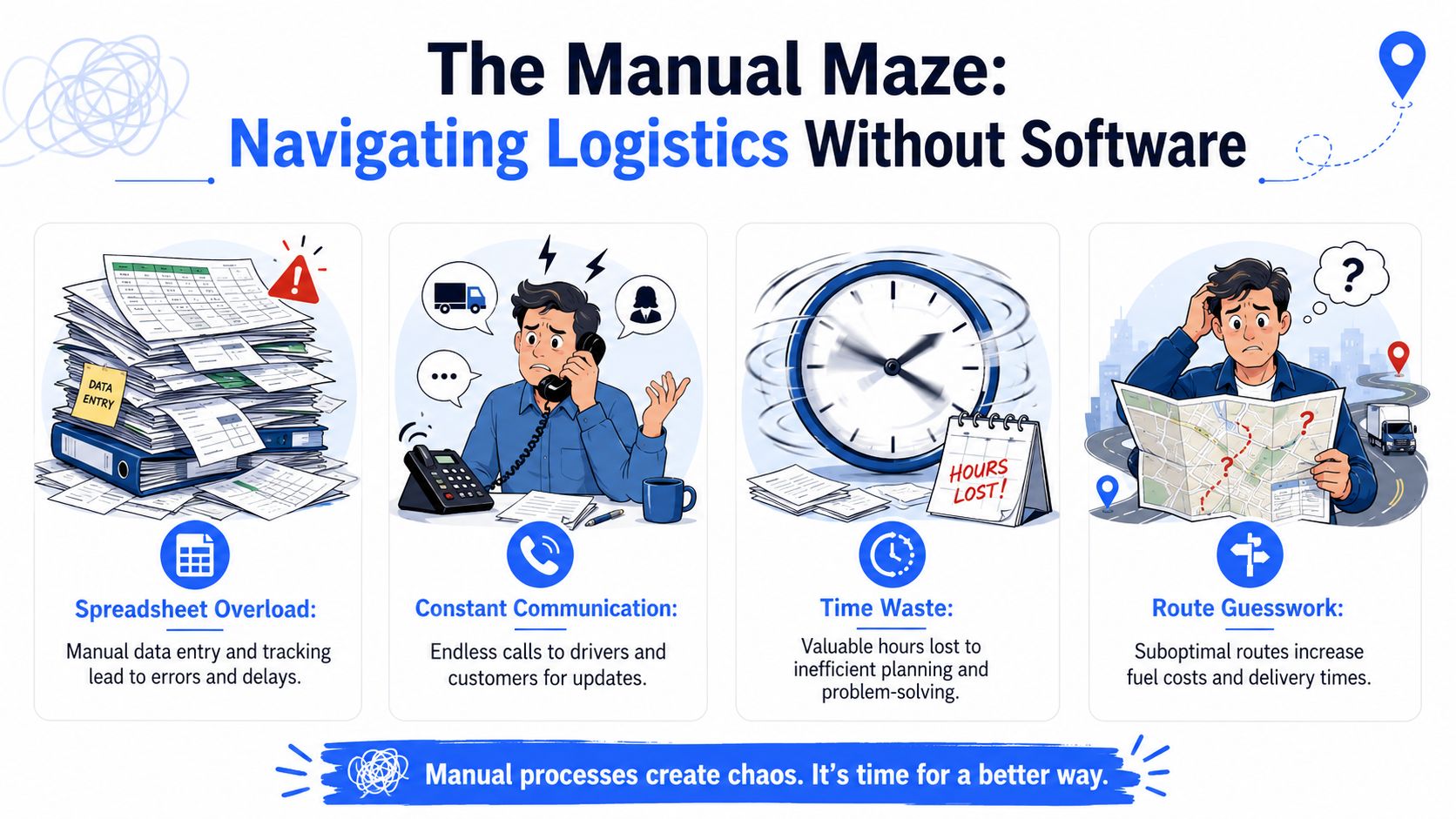 An infographic showing four common problems logistics managers face when relying on manual processes instead of software.